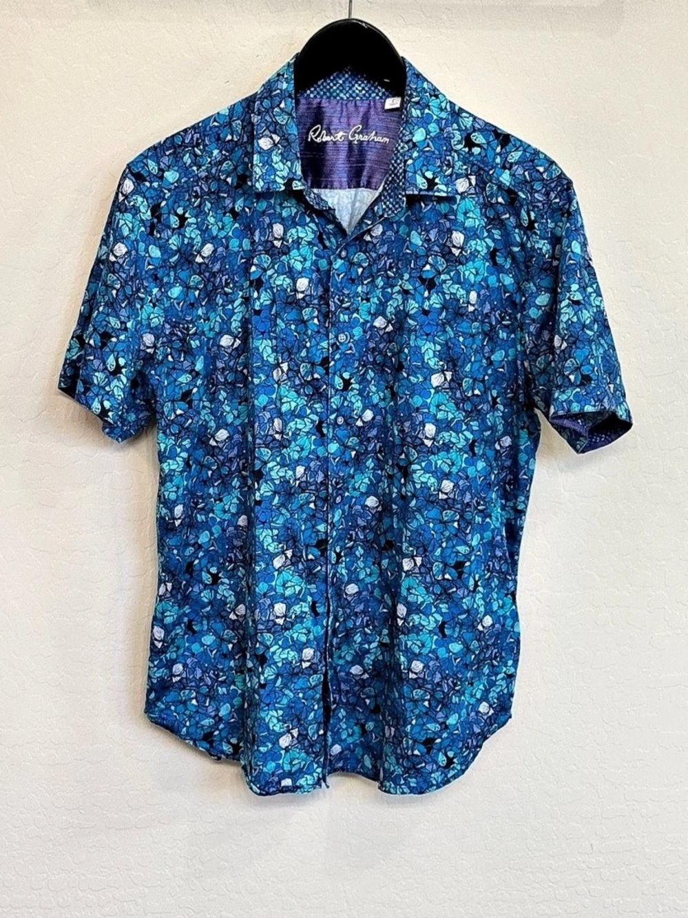 Robert Graham Classic Fit Short Sleeve Button Up Shirt Blue Floral Hydrangea L